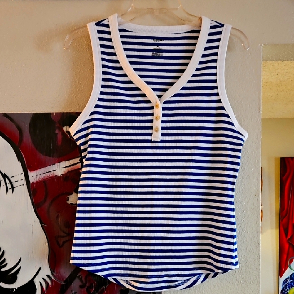 Blue and White Striped Sleeveless Top XL